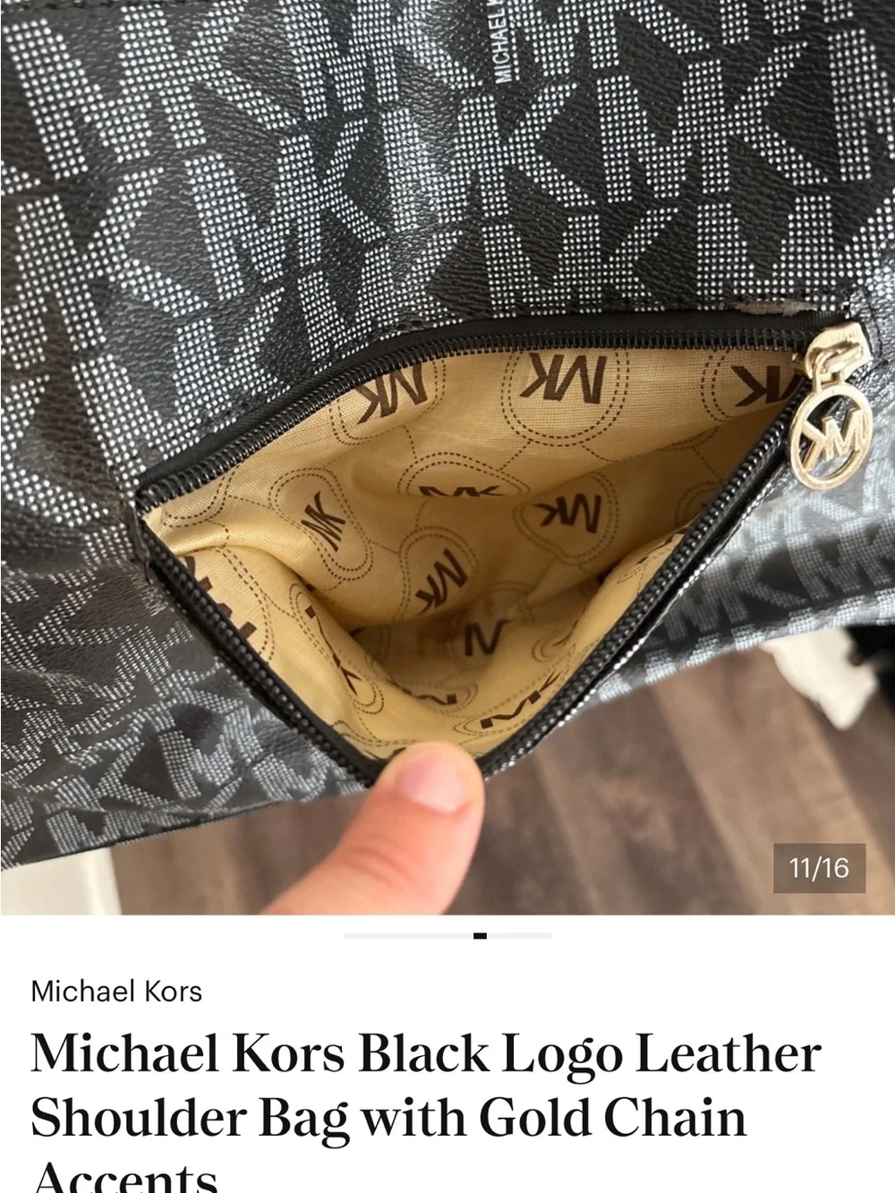 Michael Kors MK Monogram Black Gray Hobo Shoulder Bag Chain Strap